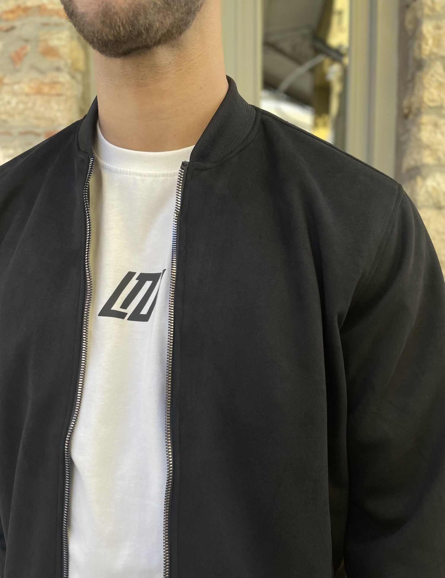 Ανδρικό μαύρο σουέτ μπουφάν Bomber HM264049 φωτογραφία